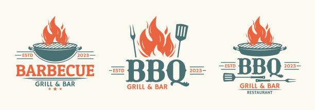 烧烤标志集。烧烤，烧烤图标与火焰火焰。肉店的标签。矢量插图。图片下载