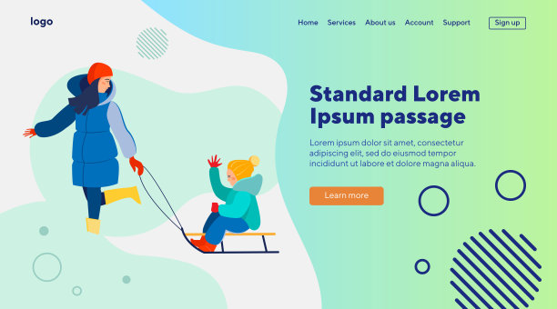 年轻女子带着孩子拉着雪橇图片下载