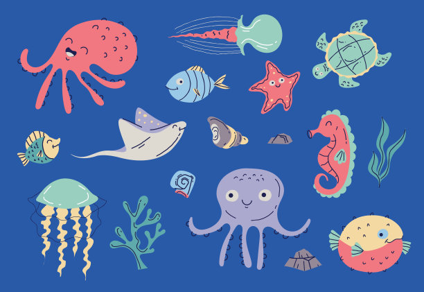 海底有生物、动物、鱼和植物。水下海洋平面卡通平面设计插画图片下载