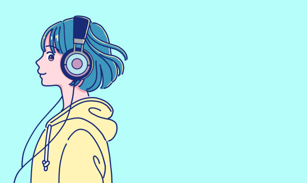 动漫风格的女孩戴着耳机听音乐图片下载