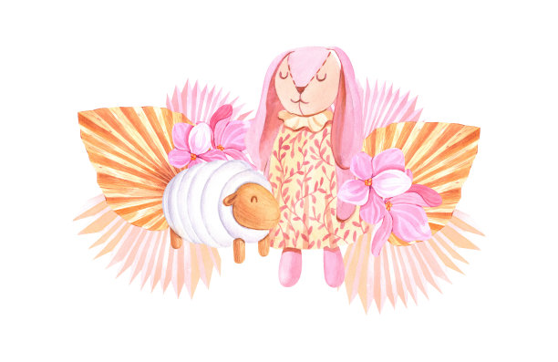 以波西米亚风格的木制热带棕榈树组成兔子、兔子和羔羊。设计标志，婴儿纺织品，印花，儿童房装饰，儿童装饰，婴儿房，面料或背景图片下载