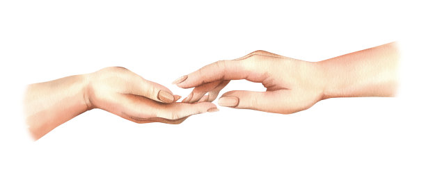 白人女性手掌相对，试图触摸的手部特写。手绘水彩插画，元素与背景隔离图片下载