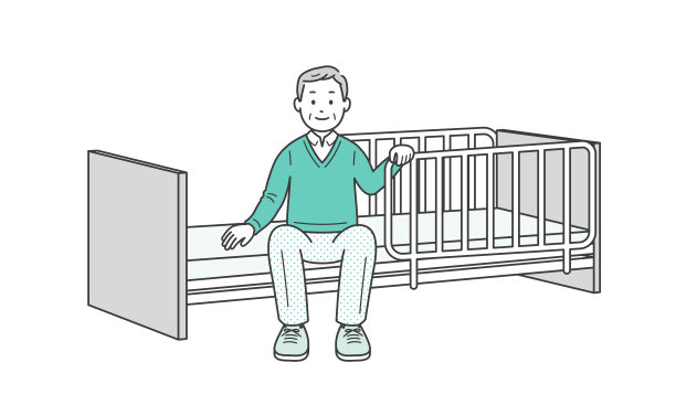 一位老人坐在床边，旁边是一张护理床图片下载