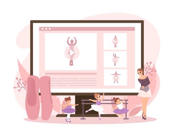 在线芭蕾课。可爱的小女孩学习舞蹈，经典的戏剧老师和学生。芭蕾舞演员教程或课程的孩子，舒适的矢量场景图片下载