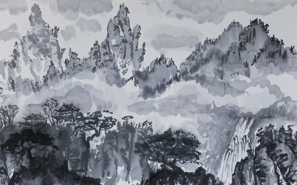 单色山景，白底凉亭河，中国毛笔画图片下载