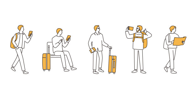 喜欢旅行的男人。用你的智能手机自拍并搜索。看地图然后走。出发去观光景点。矢量插图集。图片下载