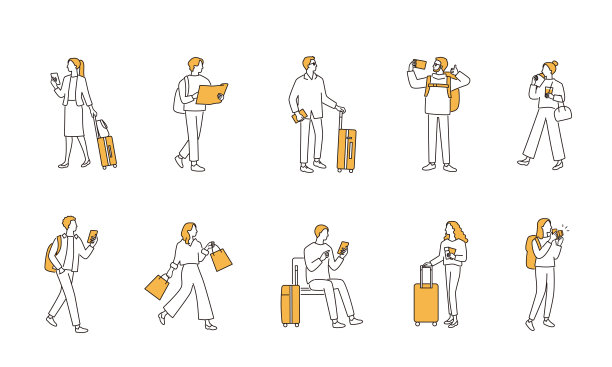 喜欢旅行的人。箱子,背包。拍照、购物、美食之旅。矢量插图集。图片下载