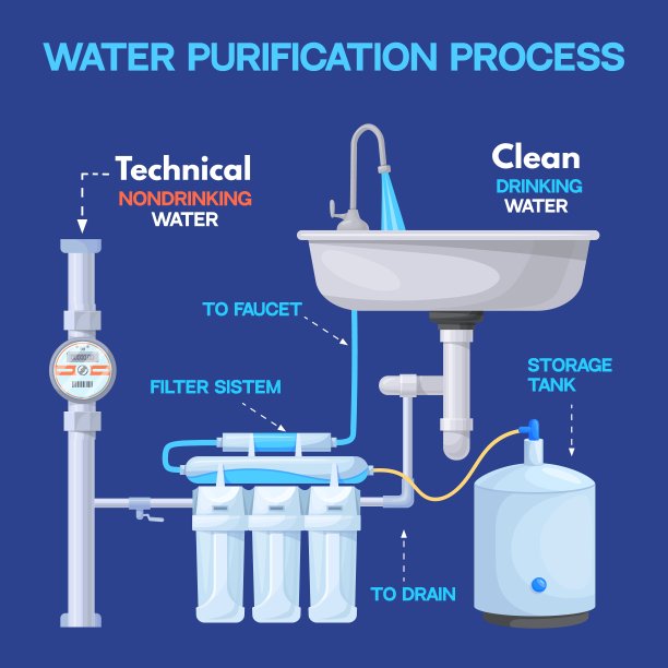 水过滤方案。水处理家庭用水净化滤筒系统，管道净化器管道技术清滤液级，简洁矢量说明图片下载