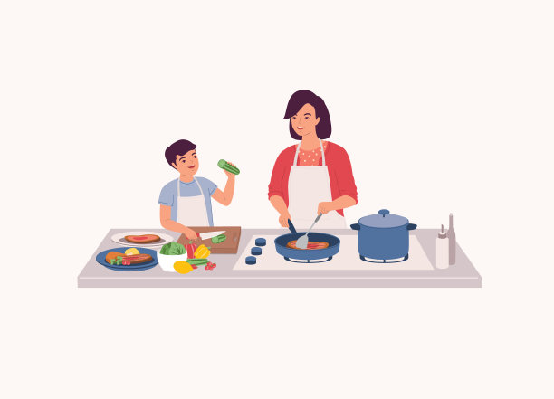 母亲和儿子一起在厨房准备食物。图片下载