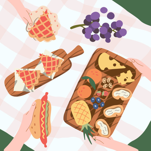 酷酷的图形矢量野餐概念与派，热狗，葡萄酒，新鲜面包，蔬菜和水果布局在格子织物暑假图片下载