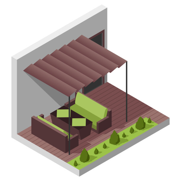 内院与天井等距构图。带私人露台的房子，上面有覆盖物。带顶棚的阳台作为餐桌。现代建筑图片下载