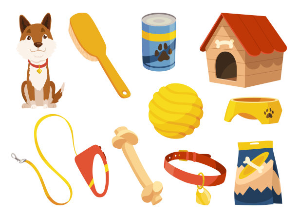 狗狗饰品店图标收藏。采购产品宠物护理供应配件和装饰产品。Petshop超市。宠物配件。矢量插图在平面风格的剪贴艺术图片下载