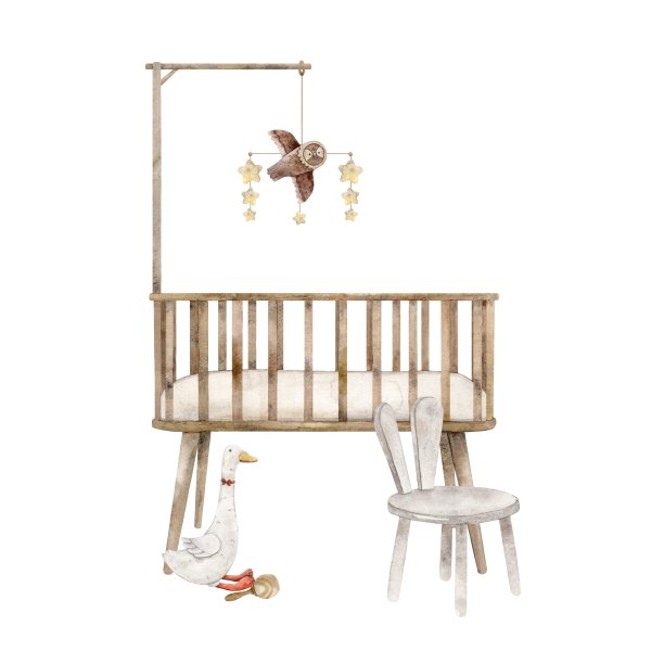 为新年宝宝准备的水彩婴儿床，有一个手机，一只毛绒鹅，一只猫头鹰和一把白色的椅子。孤立的手绘插图儿童室内，卡片，贴纸，纺织品，设计，邀请。图片下载