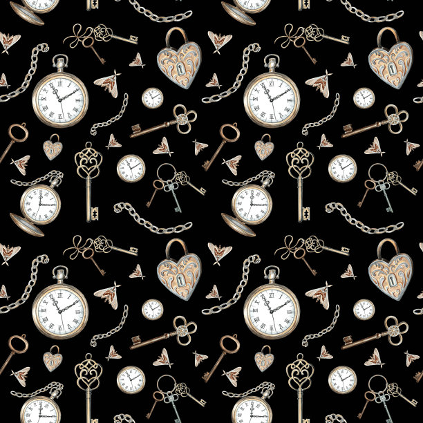 怀表，钥匙，链条，锁，黑底飞蛾。水彩无缝图案与复古元素。手绘复古插图。模板墙纸，剪贴簿，包装，纺织品。图片下载