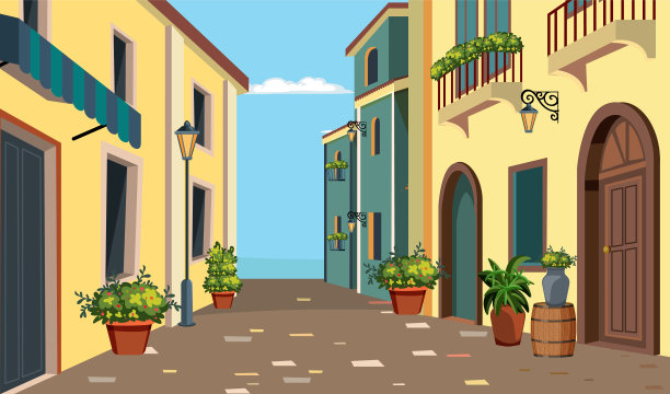 古色古香的欧洲街道的彩色插图图片下载