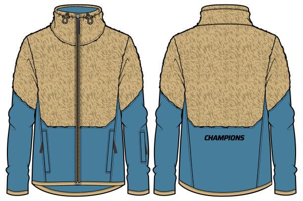 羊毛混壳夹克设计平面草图插图，皮草夹克与拉链前后视图，男女Anorak冬季夹克。用于训练、跑步和冬季锻炼。图片下载