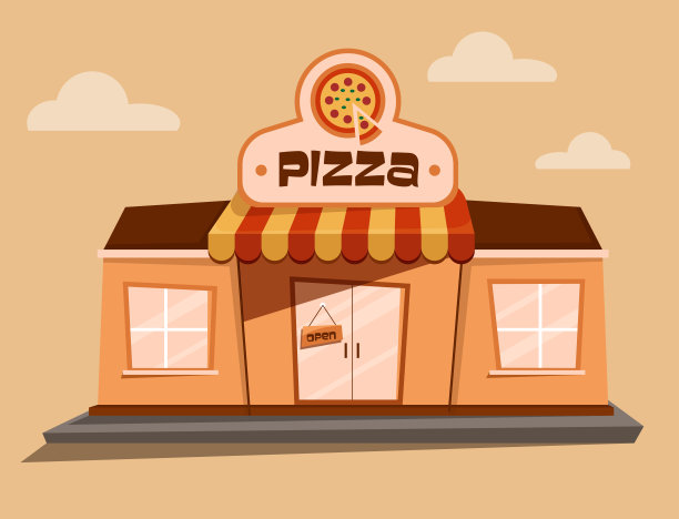 卡通可爱的披萨店建筑与招牌和云图片下载