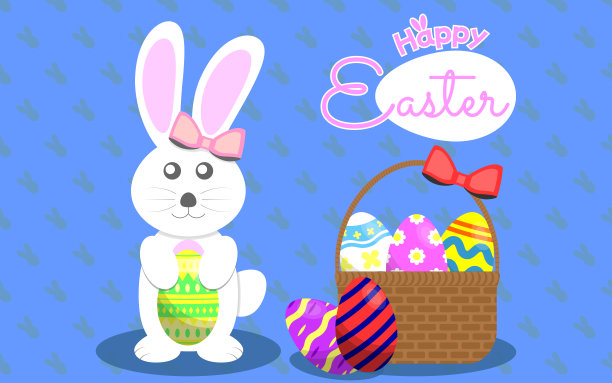 母兔手持复活节彩蛋插画，并附上一篮子复活节彩蛋及复活节快乐标志图片下载