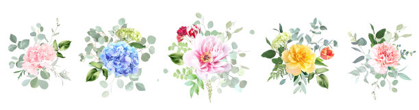 明亮的绣球花，玫瑰，郁金香，牡丹，康乃馨，绿色植物和桉树复活节矢量花束图片下载