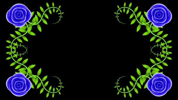 美丽的蓝色玫瑰设计与黑色背景的叶子图片下载