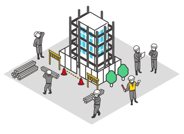 正在建设的建筑物和建筑物街道的等距矢量插图材料图片下载