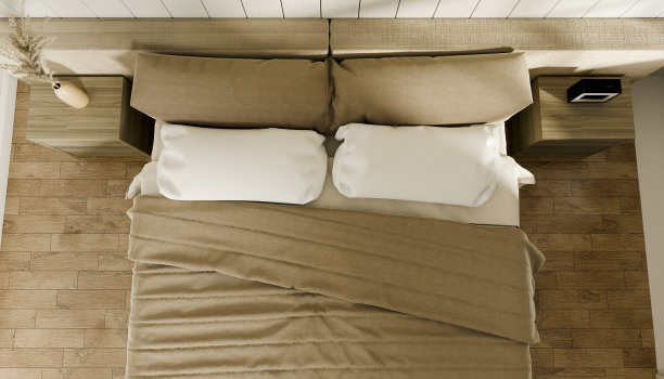 高角度的卧室床与毯子和枕头在一个三维渲染图像图片下载