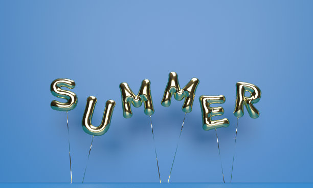 夏季气球文字金橙黄色飞翼设计背景庆典横幅旅游度假热带模板水海框架可爱放松生活方式丰富多彩的生日。三维渲染图片下载