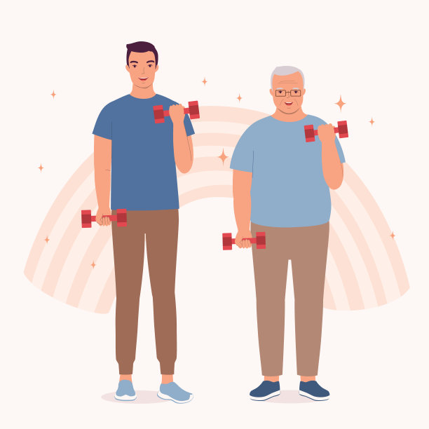 年迈的父亲和成年的儿子举哑铃。健康。锻炼。图片下载