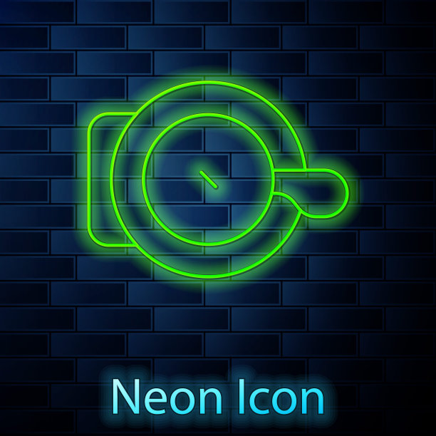 发光的霓虹灯线自行车钟图标孤立的砖墙背景。向量图片下载