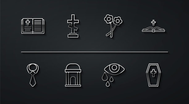 集线圣经书，领带，眼泪哭的眼睛，旧地下室，坟墓与十字架，棺材和花的图标。向量图片下载