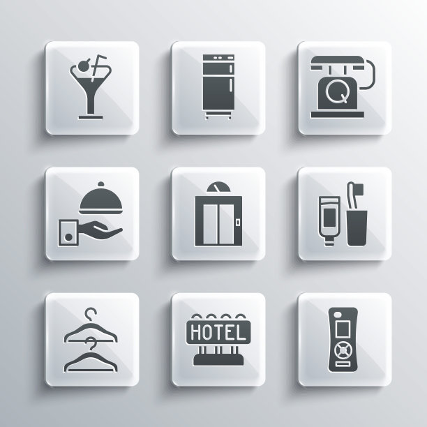 设置标牌文字酒店，遥控器，牙刷和牙膏，电梯，衣架衣柜，有盖托盘，马提尼玻璃和电话听筒图标。向量图片下载