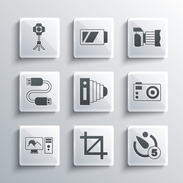 设置图片裁剪照片，相机定时器，相机，修图，USB电缆线，软箱灯和图标。向量图片下载