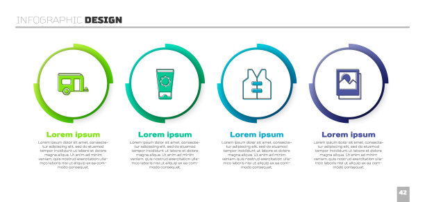 房车露营车，防晒霜筒，救生衣和照片。业务信息图表模板。向量图片下载