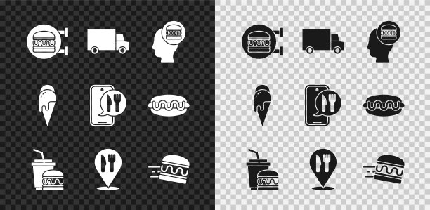 设置在线订购汉堡送货，快捷的汽车，和，纸玻璃，咖啡馆餐厅的位置，冰淇淋和图标。向量图片下载