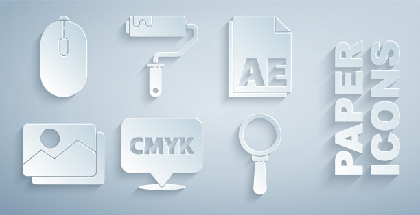 设置语音气泡与文本CMYK, AE文件文档，图片景观，放大镜，油漆辊刷和电脑鼠标图标。向量图片下载