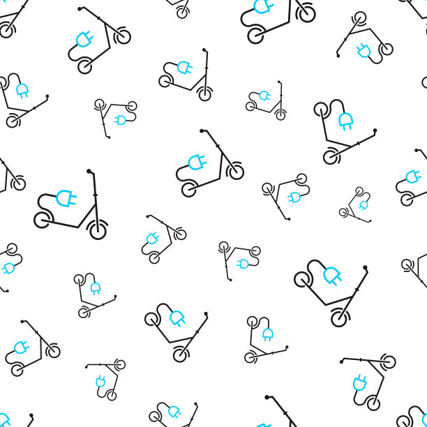 带插头的电动滑板车。无缝模式。白色背景上的线条图标图片下载