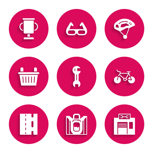 套扳手扳手，远足背包，自行车维修服务，车道，篮子，头盔和奖励杯与自行车图标。向量图片下载