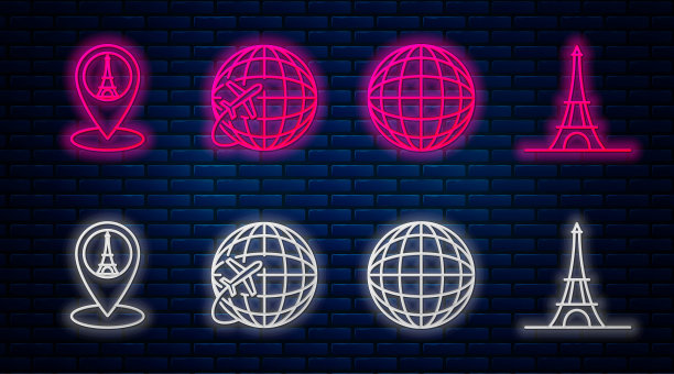 设置线地球仪与飞行飞机，地球地球仪，地图指针与埃菲尔铁塔和埃菲尔铁塔。砖墙上发光的霓虹灯图标。向量图片下载