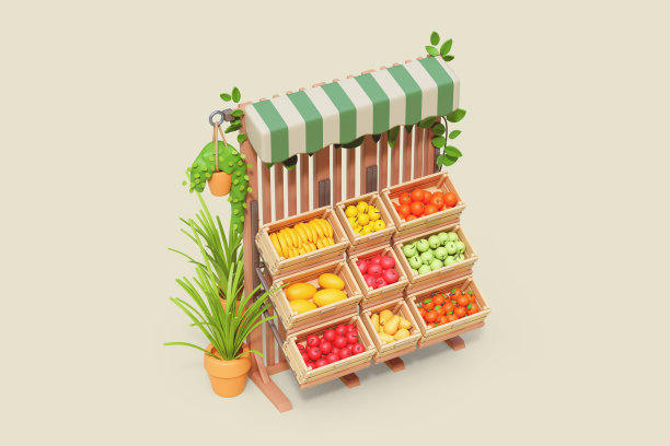 3d渲染农民街头市场摊位与木盒。图片下载