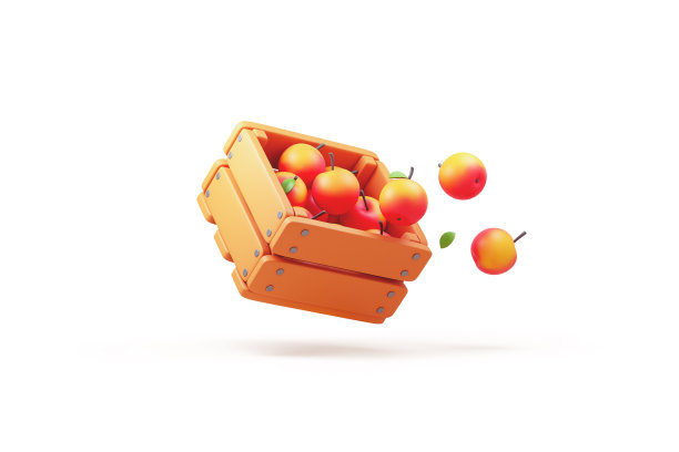 3d渲染棕色木箱与新鲜成熟的黄红苹果。图片下载