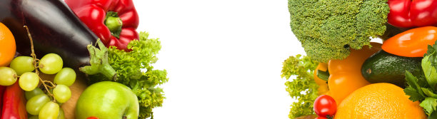 集蔬菜和水果于一身，孤立于白色。拼贴画。宽的照片。文本的自由空间。图片下载
