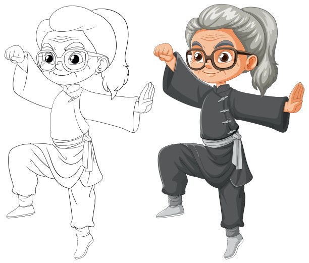 武术家的彩色和灰度插图图片下载