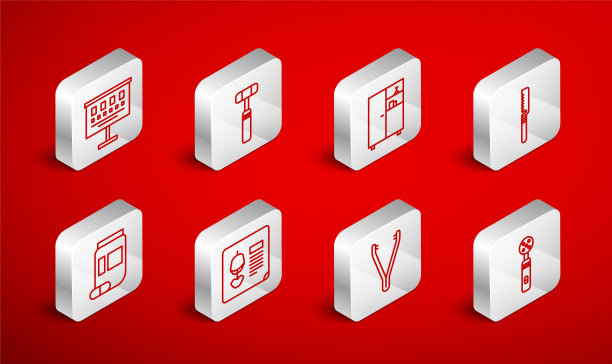 电动牙刷，神经反射锤，药柜，医用锯，镊子，眼科检查表，x光片，瓶子和药片图标。向量图片下载