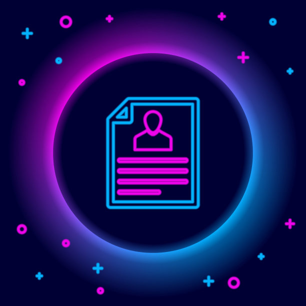 发光的霓虹线简历图标孤立的黑色背景。简历的应用程序。寻找专业人员。分析人员简历。色彩缤纷的轮廓概念。向量图片下载