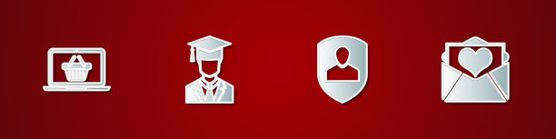 在笔记本电脑上设置购物篮，毕业生毕业帽，用户保护和信封情人节心形图标。向量图片下载