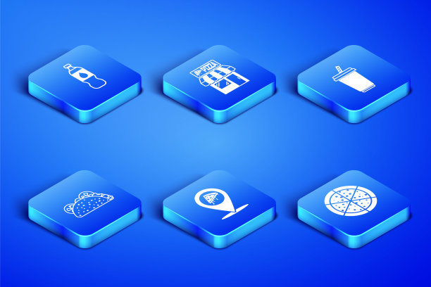 集披萨，瓶装水，位置与切片披萨，墨西哥卷饼，披萨店建筑立面和玻璃图标。向量图片下载