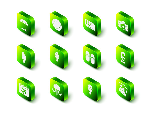 套装沙滩球，旅游车票，照相机，请勿打扰，人字拖，华夫蛋筒冰淇淋，水母图标。向量图片下载