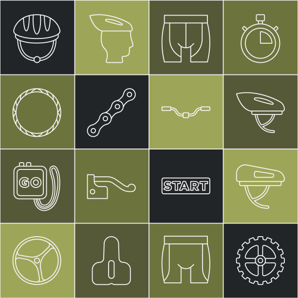 集线自行车链轮曲柄，头盔，自行车短裤，链条，车轮和车把图标。向量图片下载