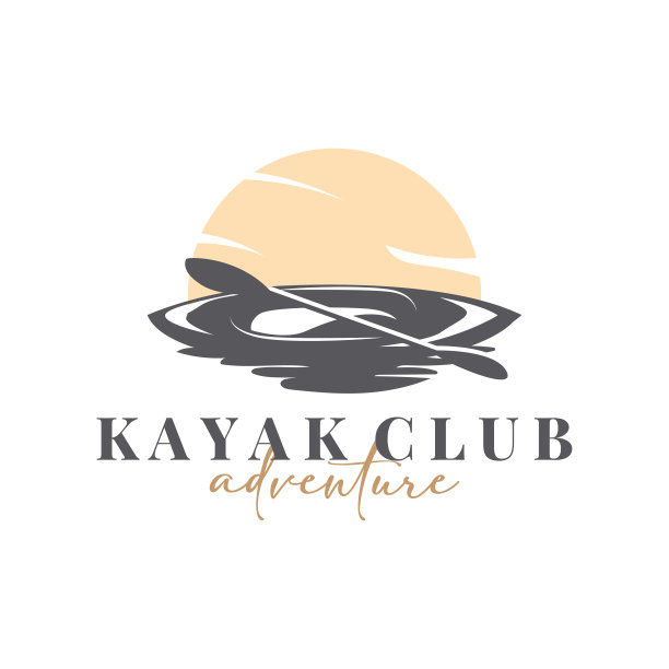 皮划艇标志独木舟桨野生冒险河设计矢量插图复古风格图片下载