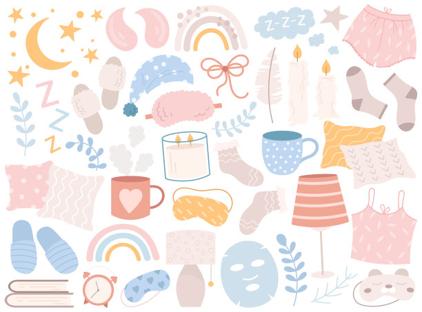 睡眠用品套装，可爱的面膜，睡衣，软拖鞋，蜡烛，家庭室内用品图片下载